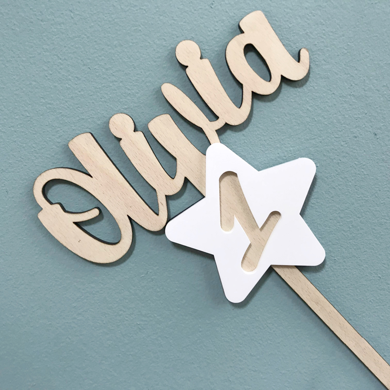 Topper de Tarta Personalizado en Madera con Nombre y Estrella